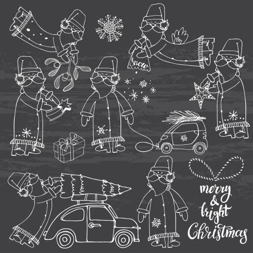 Snowflake. Vector cartoonish ded morozes, seven cute characters on textured black