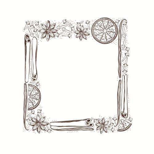Vanilla stick. Vector square frame of spices: cinnamon sticks and vanilla, clove, star anise, orange slices, monochrome on white