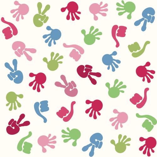 Symbol. Vector multicolored hands show various signs cartoon image on light