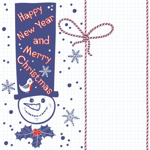 Notebook. Vector cute snowman in a top hat, bird, hawthorn, snowflakes, holiday ribbons, and space for text on lined paper