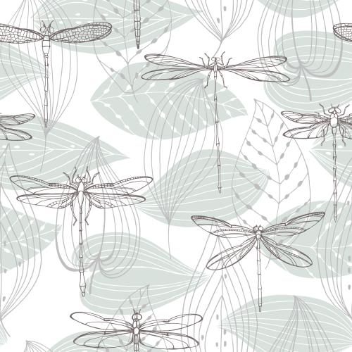 Dragonfly. Vector dragonflies and decorative leaves on white