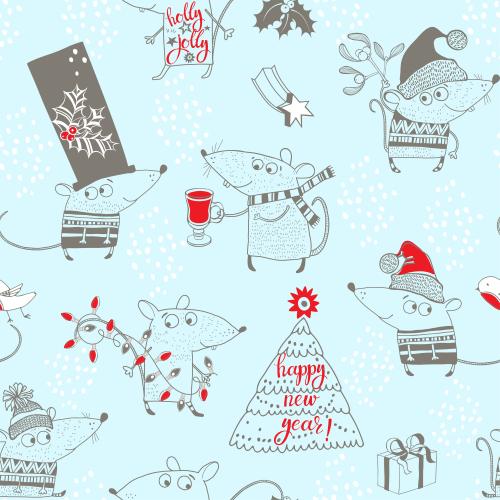 Mulled wine. Vector new year's cartoon mice on blue