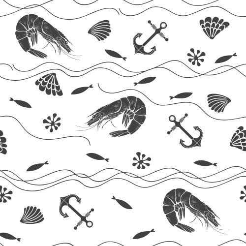Stripe. Vector shrimp shells fish anchors waves black silhouettes on white