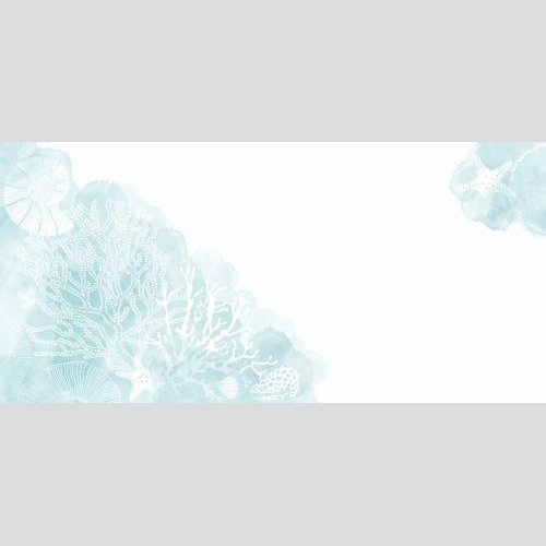 Illustration sea stars, shells, nautilus, corals on blue watercolor fragments, space for text on white