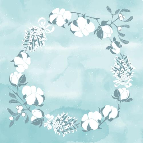 Cotton. Vector cotton, mistletoe, pine cones, round frame-wreath on blue watercolor