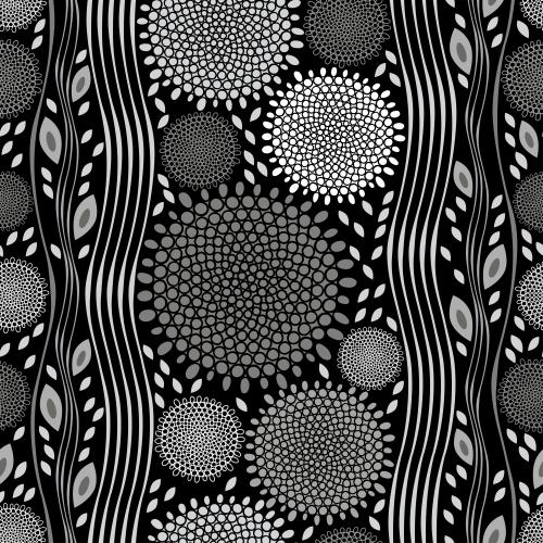 Vector image vertical wavy lines abstract flowers in checkered leaves on black