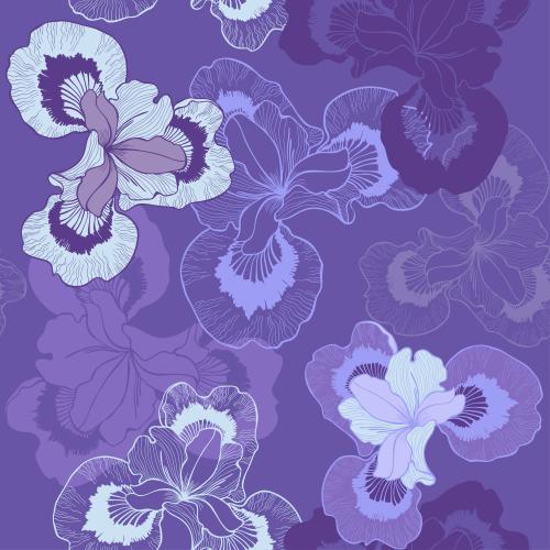 Iris. Vector flowers of iris on bright purple