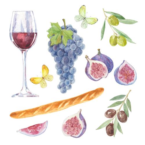 Raster image watercolor elements on the theme of a picnic wine glass baguette grape fig green olives olives butterflies on white