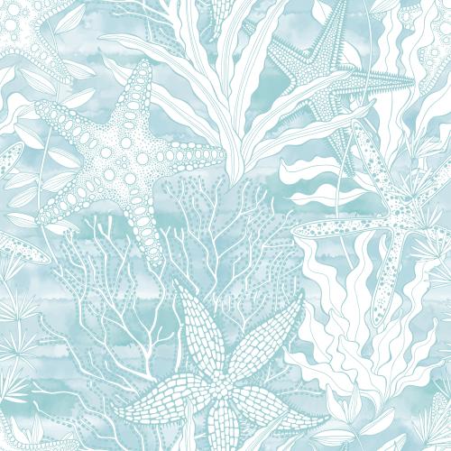 Illustration sea stars corals algae on blue watercolor