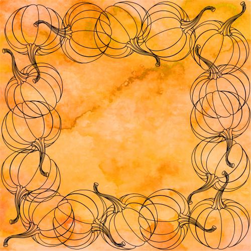 Illustration pumpkins on orange watercolor, square frame
