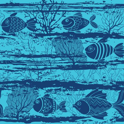Seaweed. Vector cartoon fish, waves, corals, and seaweed on a blue