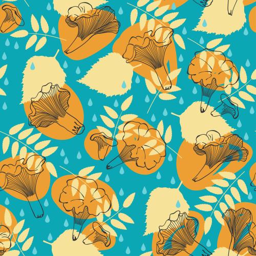 Mushroom. Vector morel mushrooms, leaves, raindrops on blue