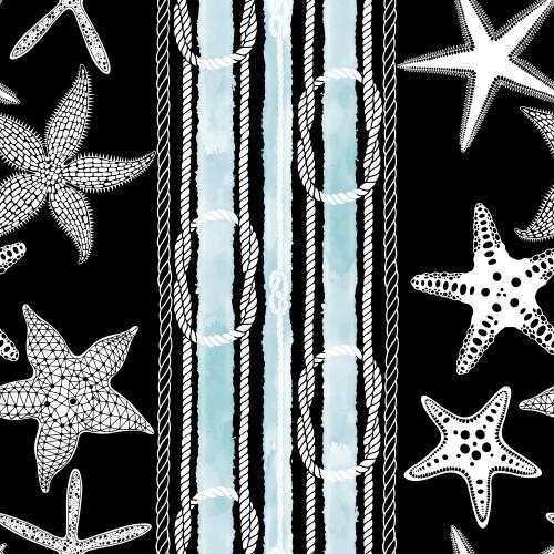 Illustration sea stars ropes ropes with sea knots blue watercolor stripes on black