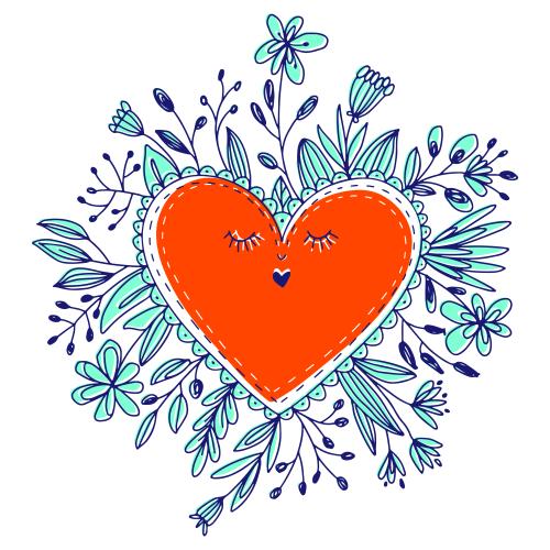 Illustration cartoon heart with doodle flowers on white