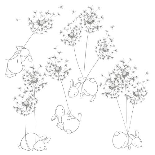 Dandelion. Vector cartoon bunnies flying on dandelions on white