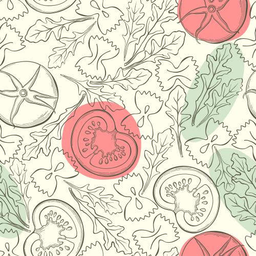 Vector image macaroni farfalle, tomatoes, arugula on light