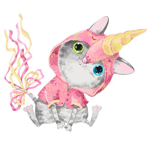Raster image cute cartoonish kitten in a unicorn costume