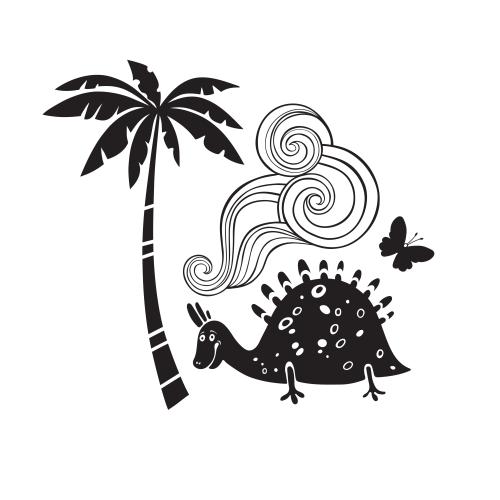Palm. Vector composition with a cartoon dinosaur, black silhouettes on white