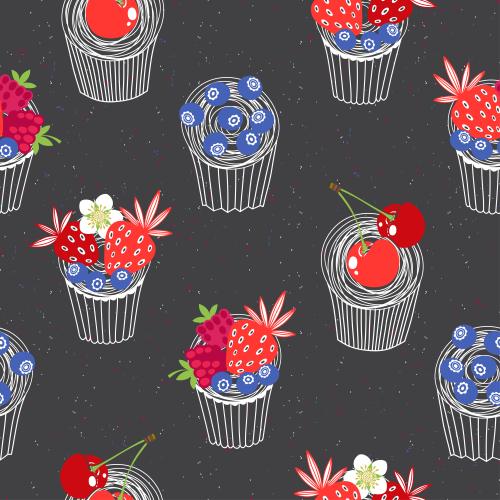 Bilberry. Vector cupcakes with berries: raspberries, strawberries, cherries, and blueberries on black in colorful speckles