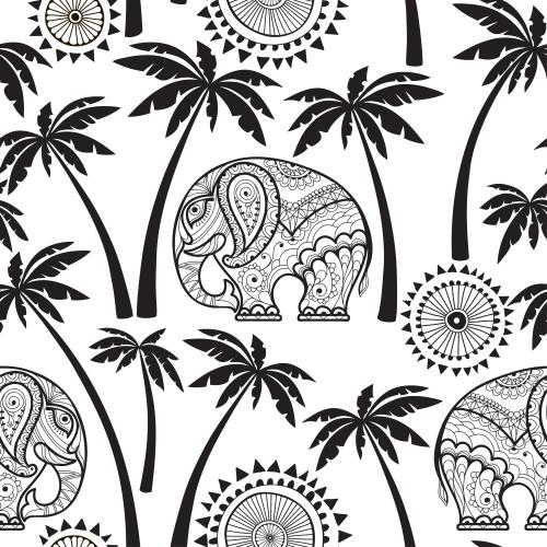 Palm. Vector Pattern decorative elephants and elements silhouettes of palms on white