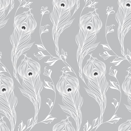 Feather. Vector fantasy plants, peacock feathers on gray