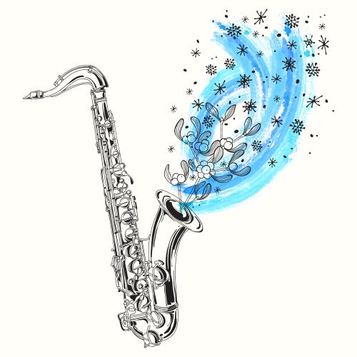 Item. Vector saxophone and snowflakes, watercolor element, winter composition on white