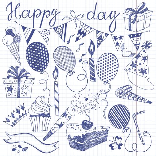 Notebook. Vector graphic elements on the theme of a holiday, inscription happy day on grid paper