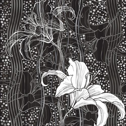 Lily. Vector silhouettes and contours of lilies straight and wavy vertical lines monochrome checkered pattern on black
