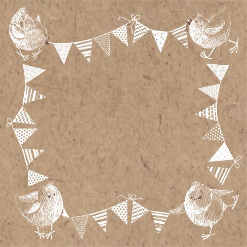 Chick. Vector square frame with cartoon chicks and garlands of flags on craft