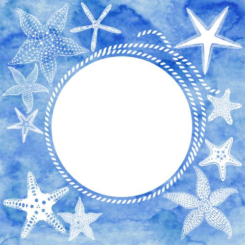 Vector image sea stars round frame made of sea rope with a white area for text on blue watercolor