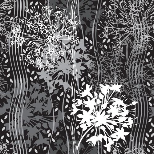Vector image abstract flower clusters contours and silhouettes leaves wavy lines on black