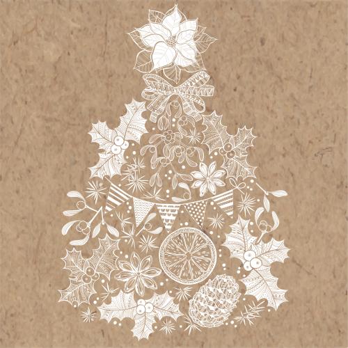 Christmas tree. Vector stylized christmas tree from christmas plants, cones, spices with a garland and bow on craft