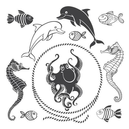 Octopus. Vector round rope frame, dolphins, fish, seahorses, octopus on white