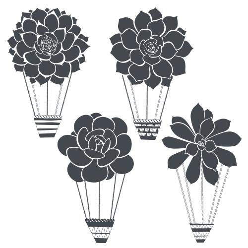 Balloon. Vector flower balloons, succulents, black silhouettes on white