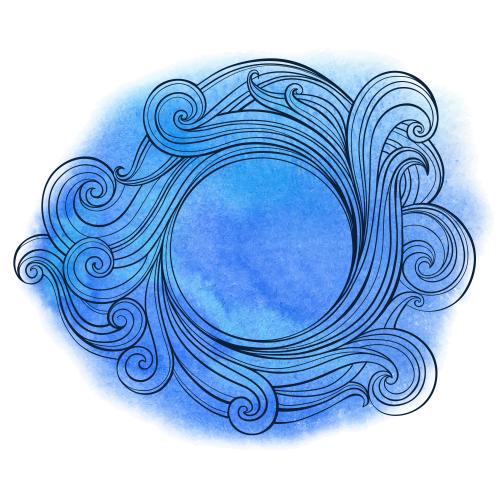 Vector image decorative waves on a blue watercolor, frame with a circular text area