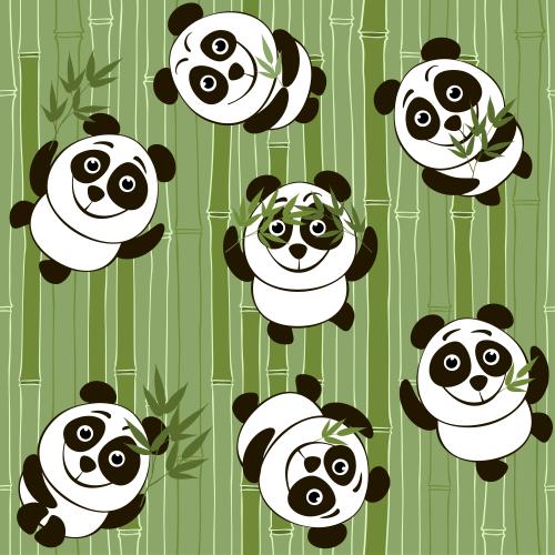 Vector image green bamboo stems and cute cartoon pandas with bamboo twigs