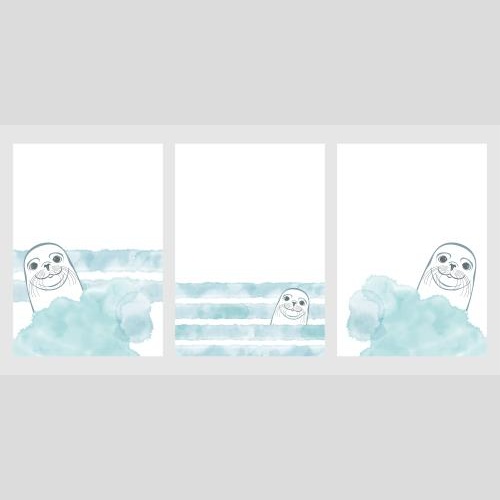 Seal. Vector three cards with cute seals blue watercolor fragments space for text on white