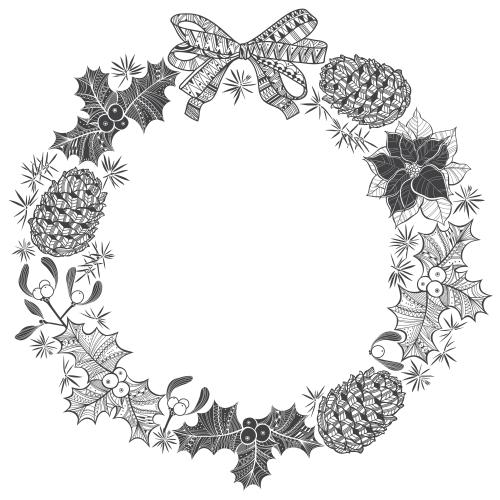 Christmas tree. Vector festive round frame made of christmas plants cones and bow black outlines and silhouettes on white