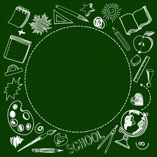 Notebook. Vector round frame for text with school supplies on green checkered