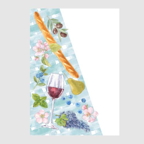 Raster image watercolor glass with wine, baguette, grape, blueberry branch, pear, olives, flowers on a checkered tablecloth, space for text on white