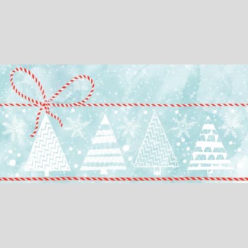 Illustration stylized treelets, snowflakes, festive ribbons on blue watercolor