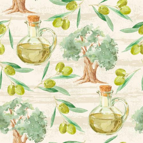 Raster image olive branches with fruits, olive trees, bottles with olive oil on textured light