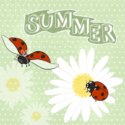 Ladybug. Vector cartoon ladybugs, inscription summer on green checkered