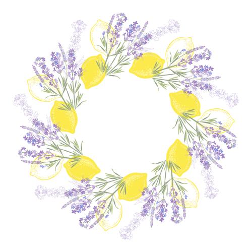 Lavender. Vector round frame with lemons and lavender on white