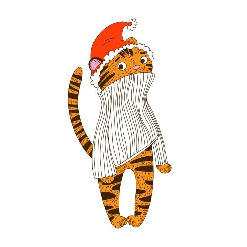 Tiger. Vector animated tiger cub in a new year's cap and sweater