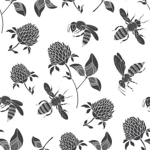 Clover. Vector clover and bees, black silhouettes on white
