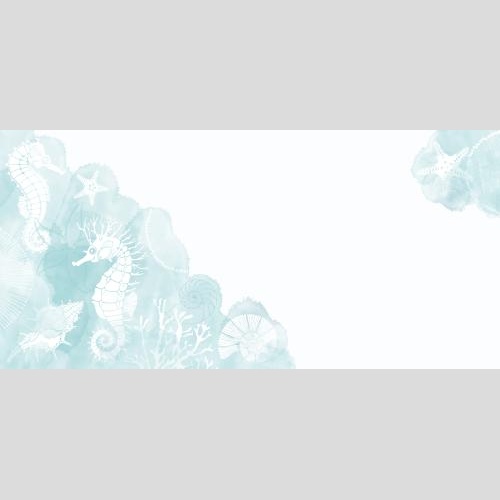 Vector image sea horses shell sea stars nautiluses corals blue watercolor fragments text area on white corner composition