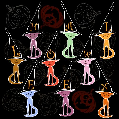 Cat. Vector multicolored cats in witch hats, pumpkin lanterns on black