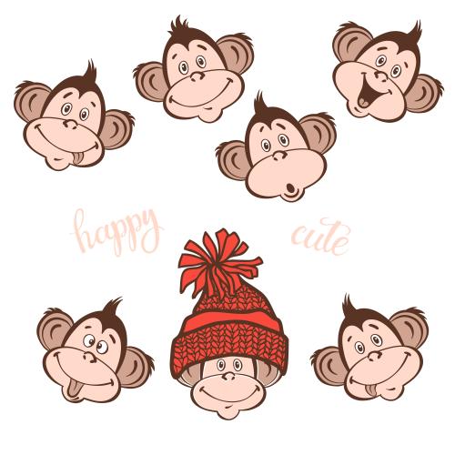 Monkey. Vector cute cartoon monkey faces on white