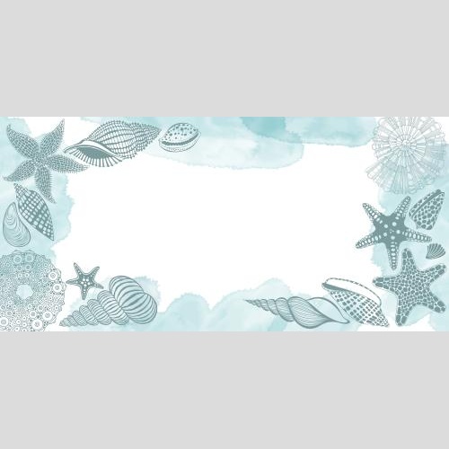 Illustration sea stars, shells, sea urchin, nautilus, watercolor fragments, space for text on white
